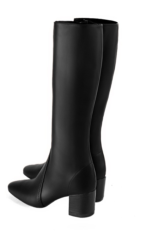 Satin black women's feminine knee-high boots. Round toe. Medium block heels. Made to measure. Rear view - Florence KOOIJMAN